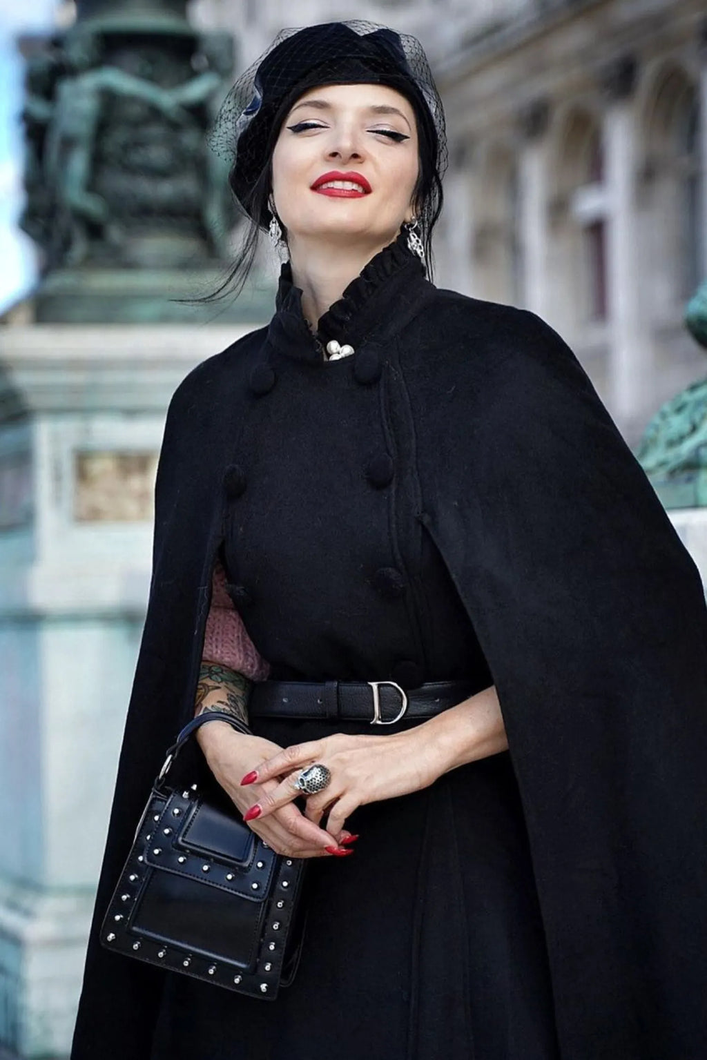 Black Wool Cape Coat - Double Breasted Knee-Length Stand Collar 3373