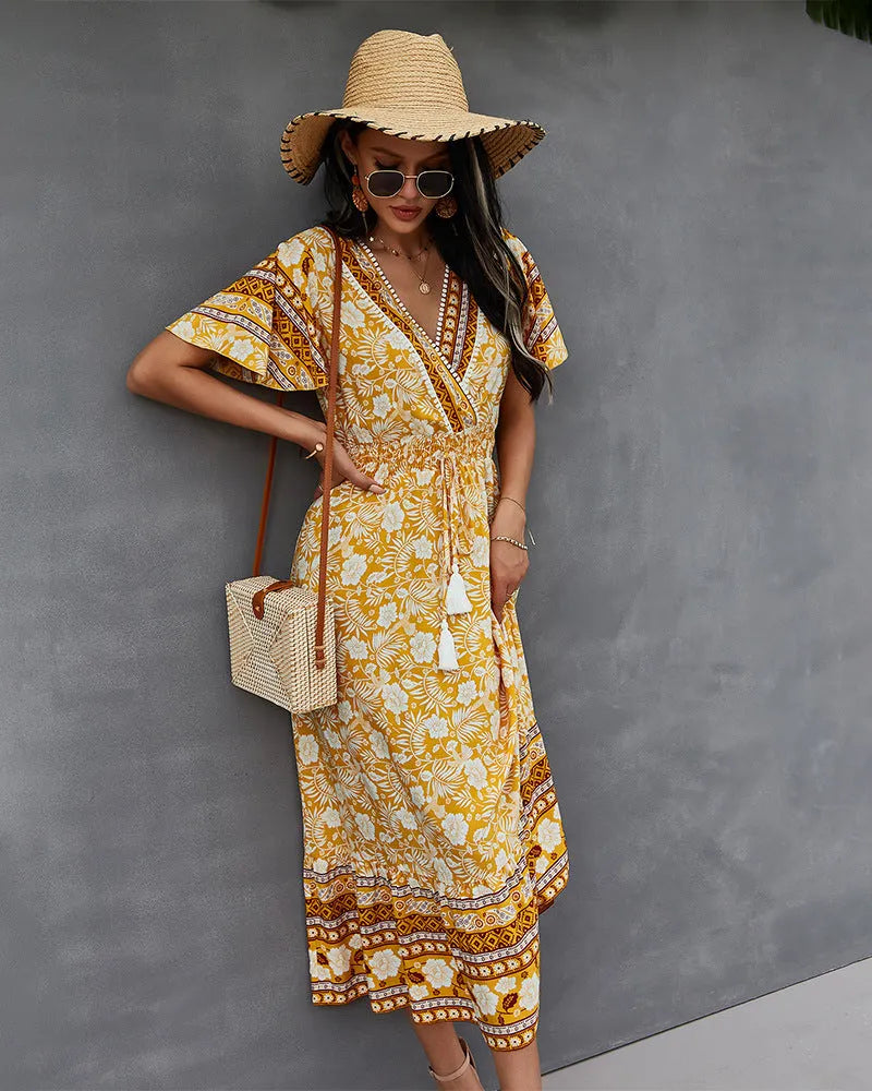 Nadine Floral Smocked Maxi Dress - Mustard