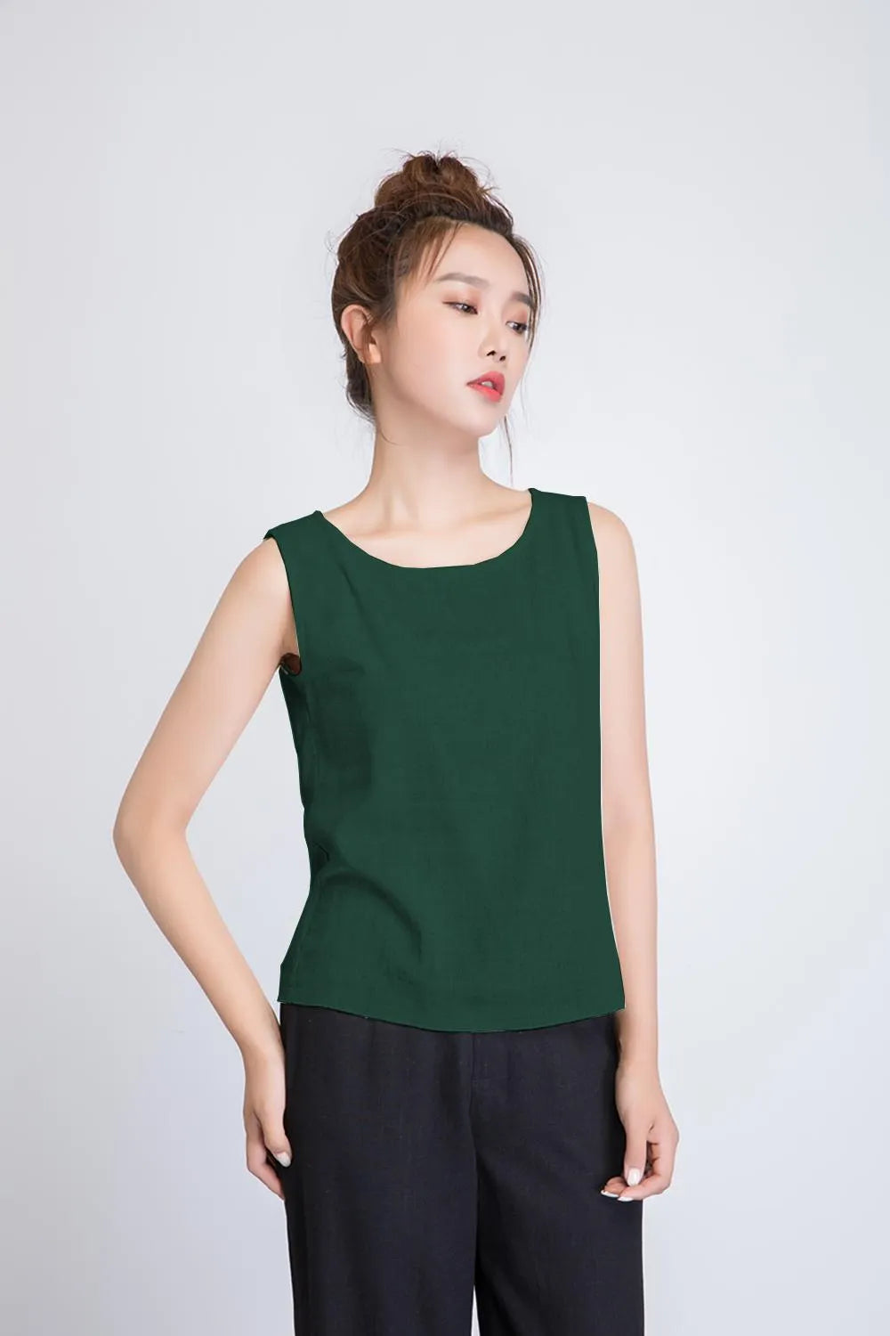 Green Linen Tank Top for Women - Scoop Neck Relaxed Fit 5884