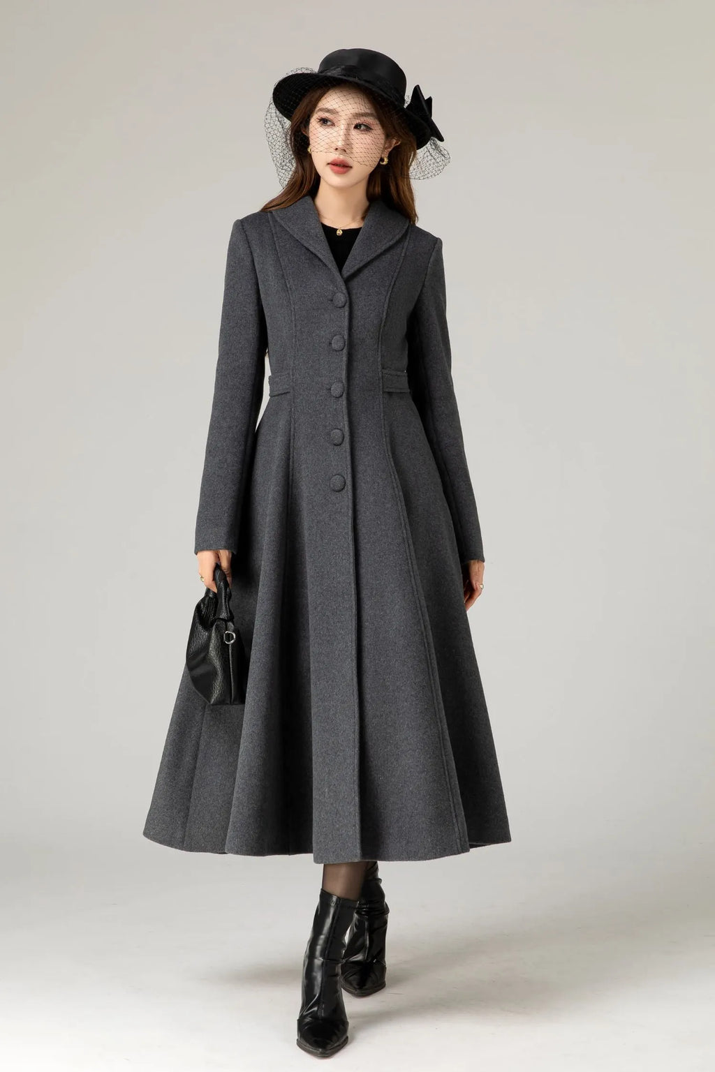 Handmade Charcoal Grey Wool Coat – Vintage Tailored A-line Long Winter Overcoat 