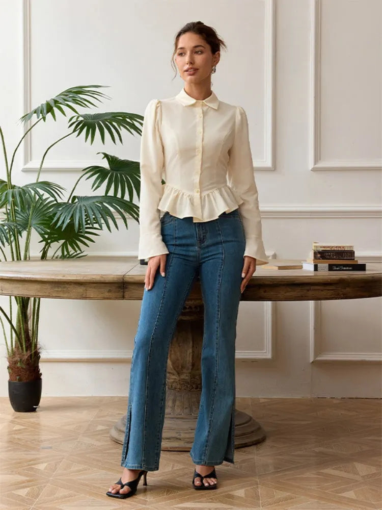 French Ruffle Collar Lapel Blouse