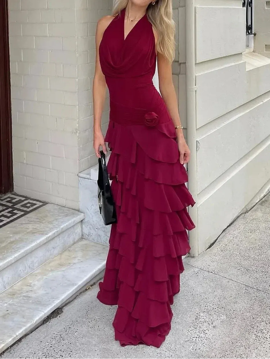 Burgundy Halter Ruched Rose Accent Ruffled Backless Maxi Dress