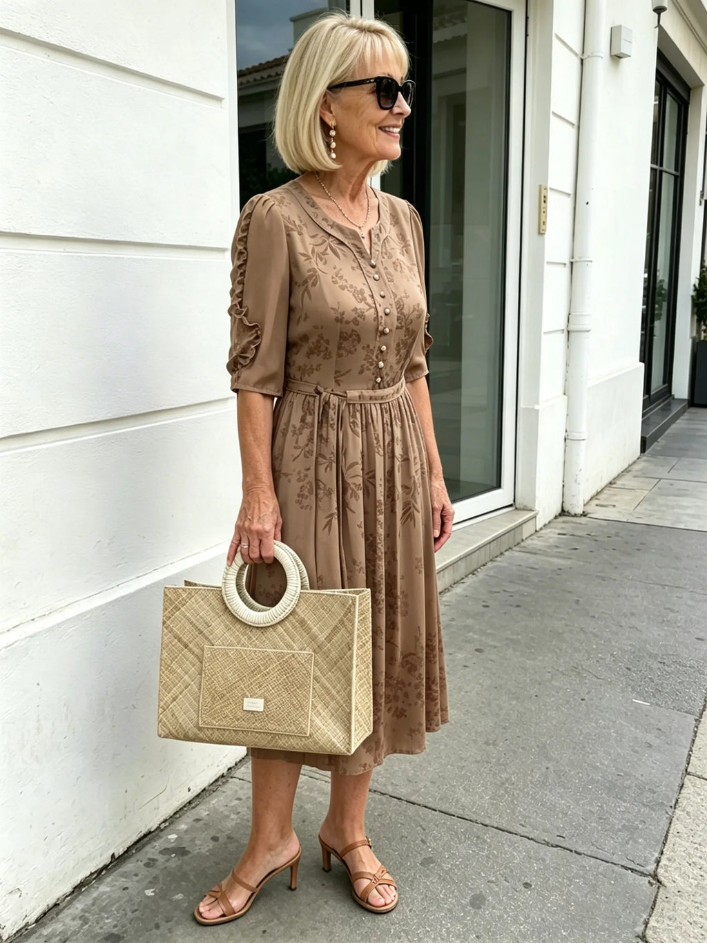 Coffee Brown Floral Print Midi Dress, Split Neck Button Front Ruffle 3/4 Sleeve Tie Waist Slimming Dress for Mature Wome