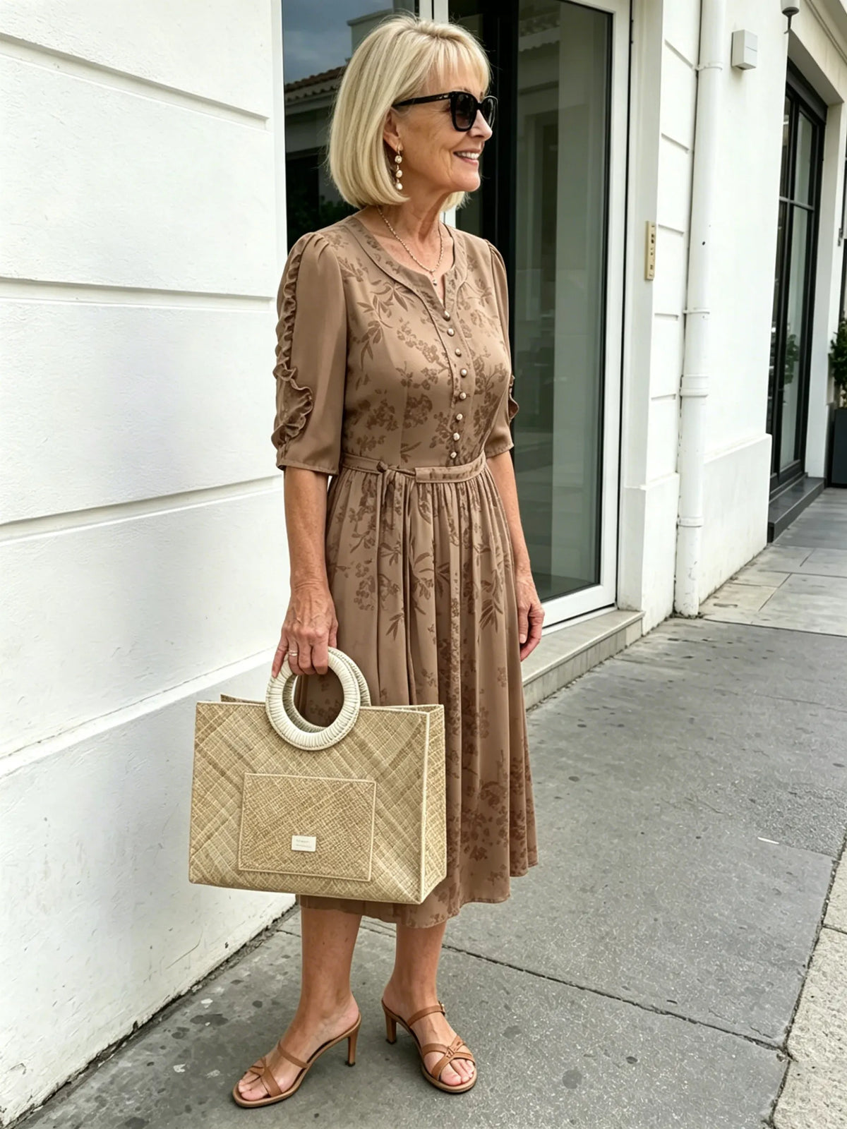 Coffee Brown Floral Print Midi Dress, Split Neck Button Front Ruffle 3/4 Sleeve Tie Waist Slimming Dress for Mature Wome