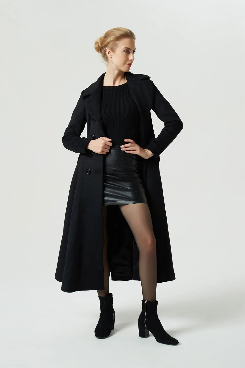 Black Wool Coat – Elegant Double Breasted Long Winter Overcoat  1968