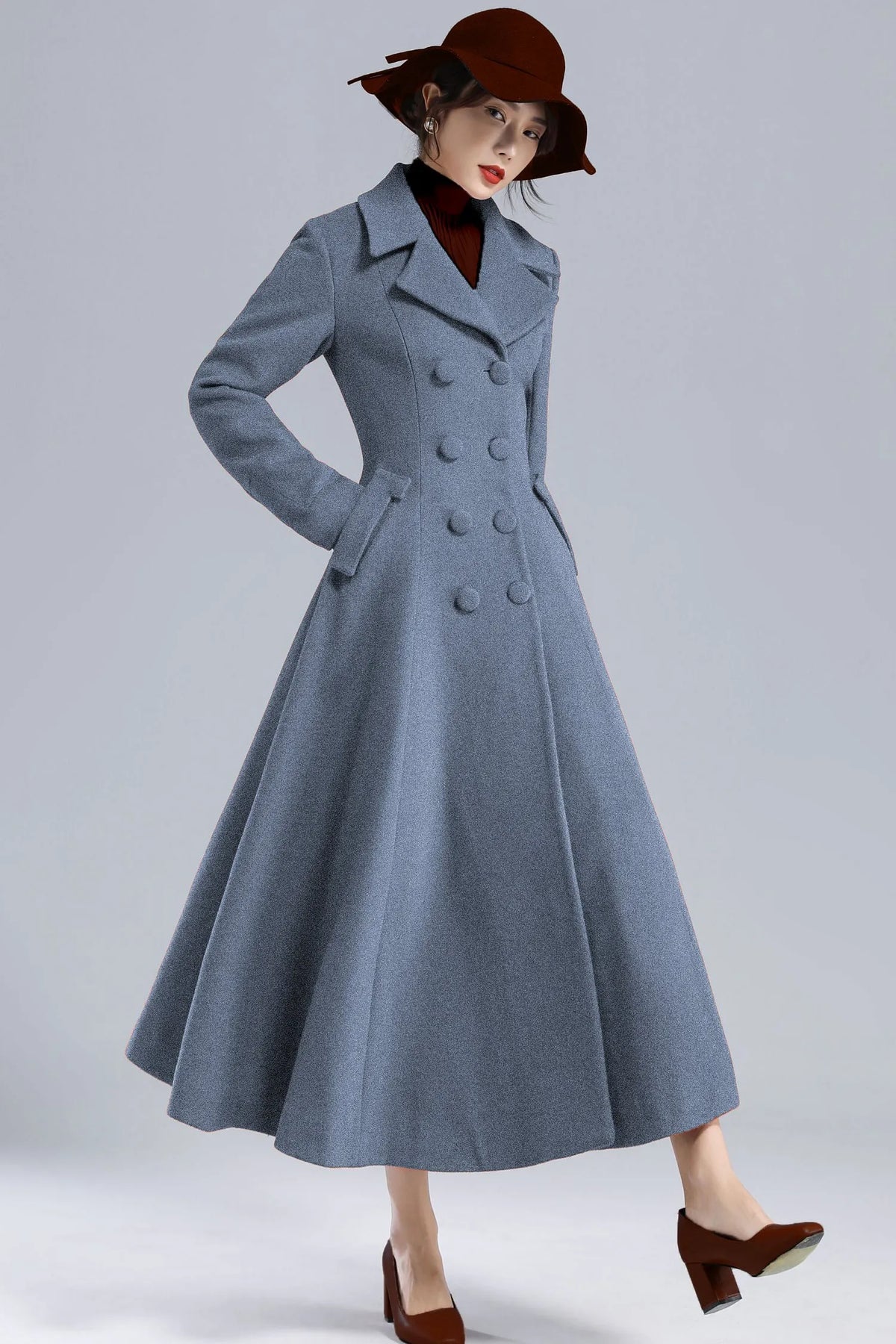 Blue Wool Long Coat - Fit and Flare Double Breasted 5496