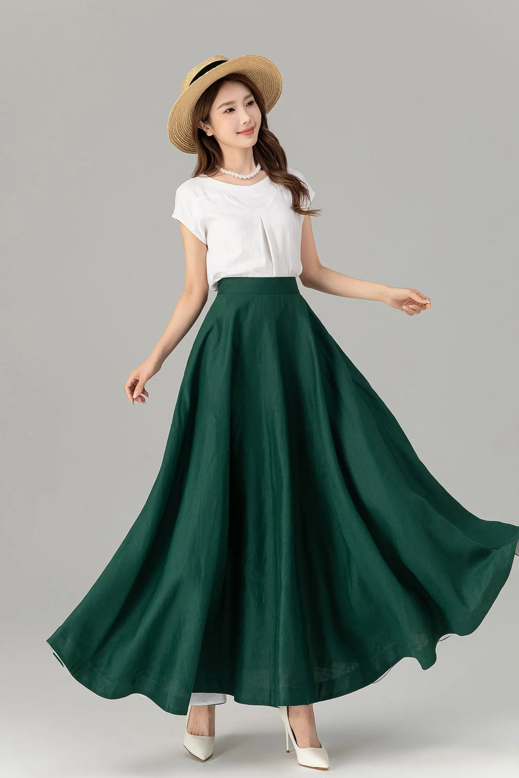 Green Linen Maxi Skirt - A-Line Flowy Silhouette with Pockets 4929
