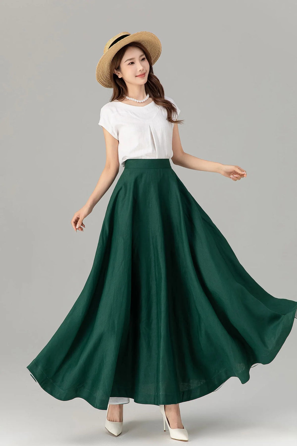 Green Linen Maxi Skirt - A-Line Flowy Silhouette with Pockets 4929