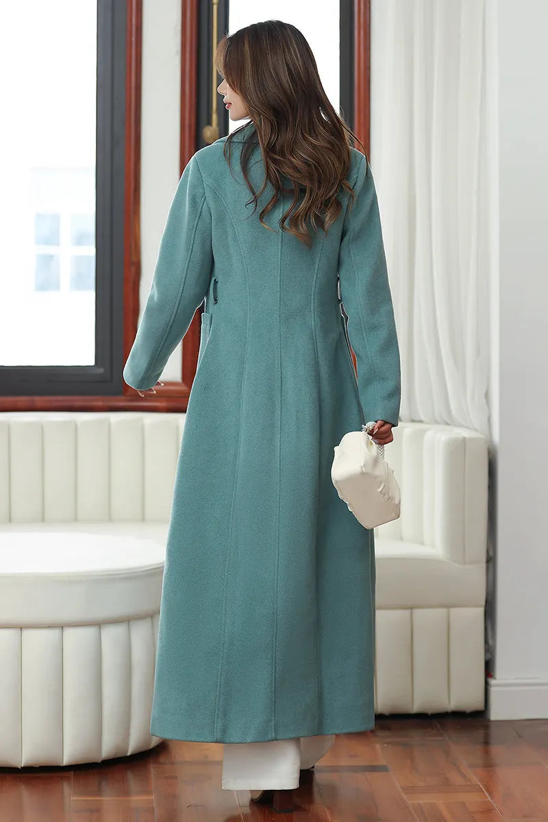 Minimalist Wool Blend Coat – Handmade Light Teal Long Winter Overcoat 