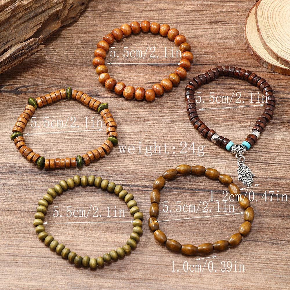 Unisex Vintage Hand Of Fatima Pendant Wooden Bead N