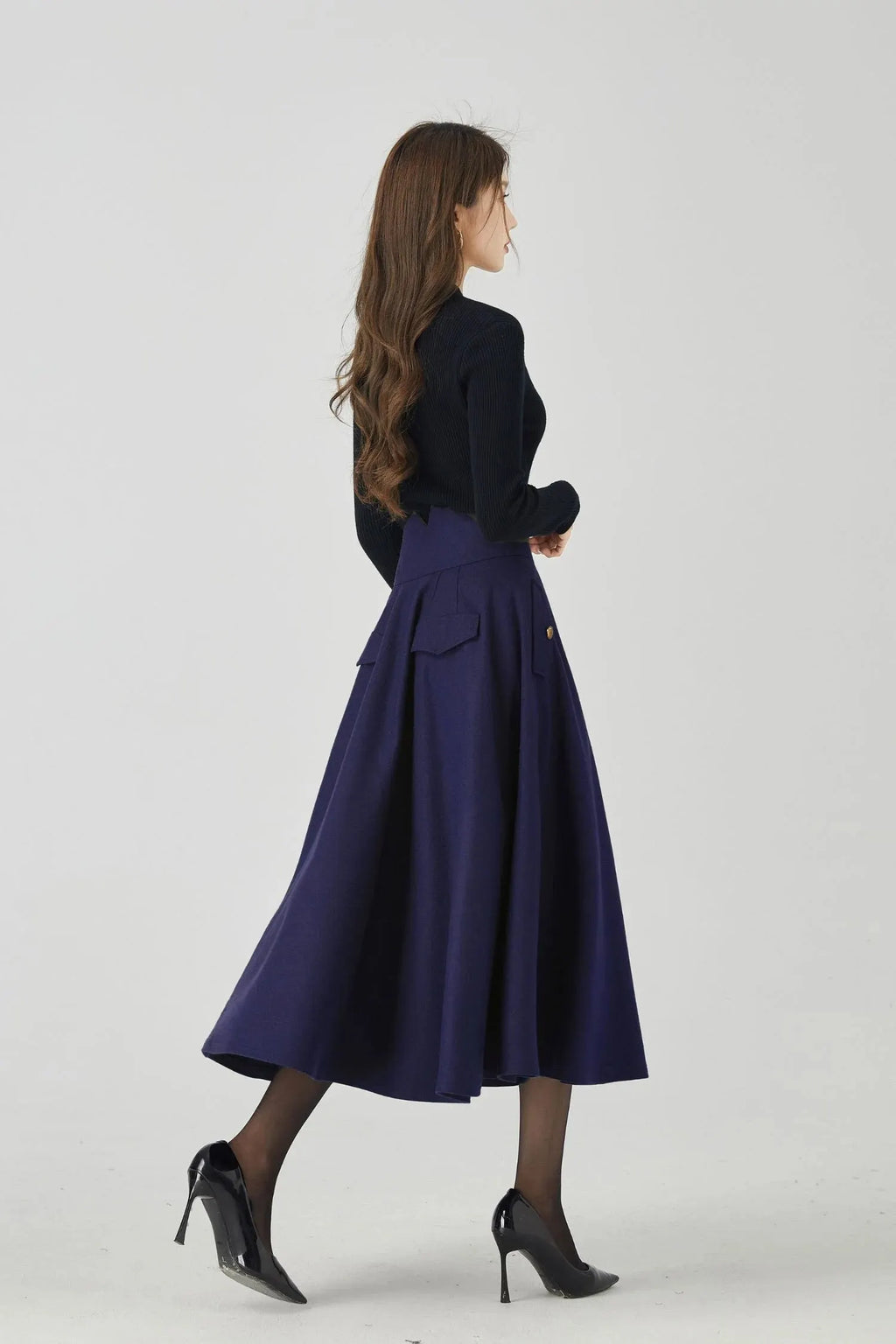 Navy Wool Midi Skirt - Pleated Swing Silhouette 5383