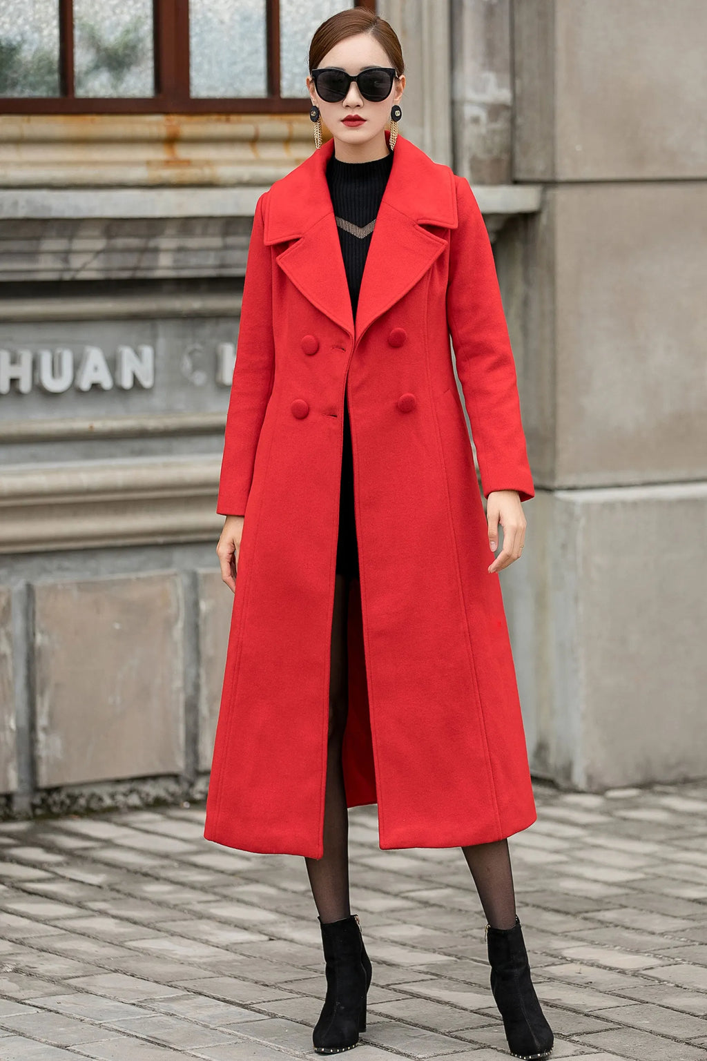 Handmade Red Wool Coat – Vintage Double Breasted Long Winter Overcoat 