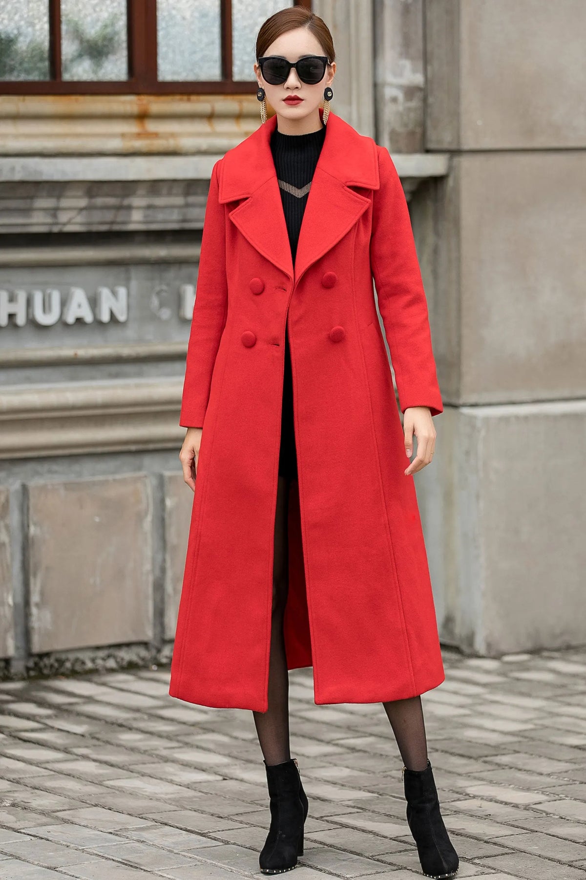 Handmade Red Wool Coat – Vintage Double Breasted Long Winter Overcoat 