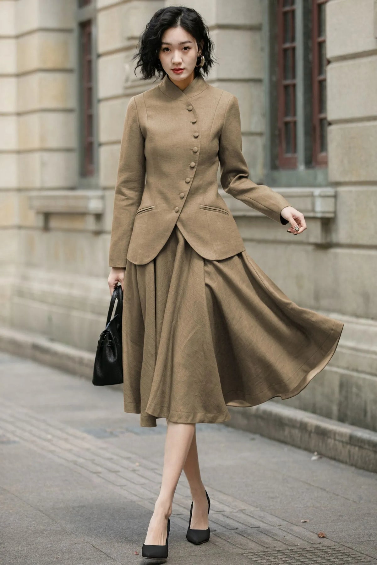 Brown Linen Midi Skirt - High Waist A-Line 