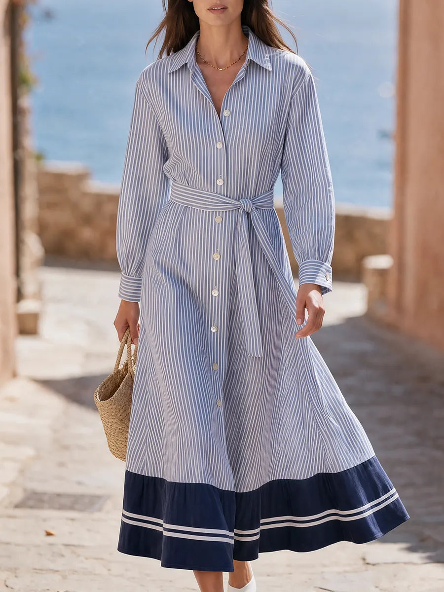 Nautical Blue And White Striped Long Sleeve Button Front Belted Waist Contrast Navy Border Hem Flowy Cotton Poplin Shirt