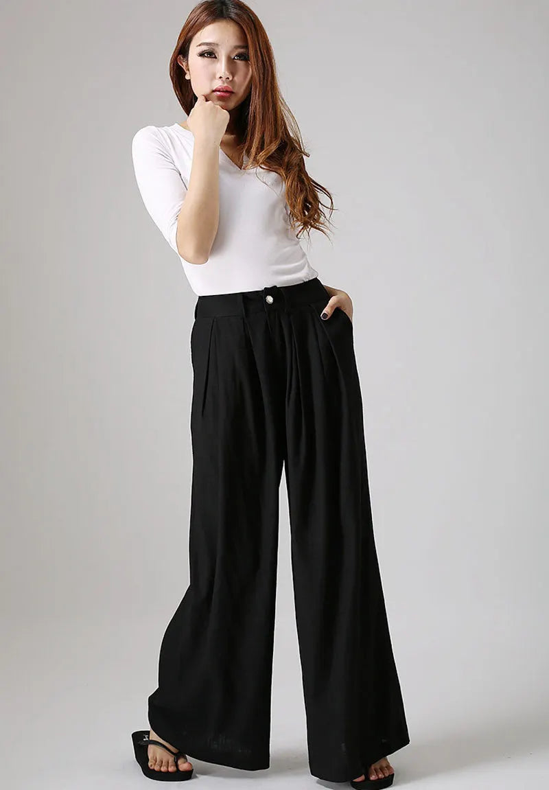 Black Linen Cotton Wide Leg Pants - Palazzo A-Line 