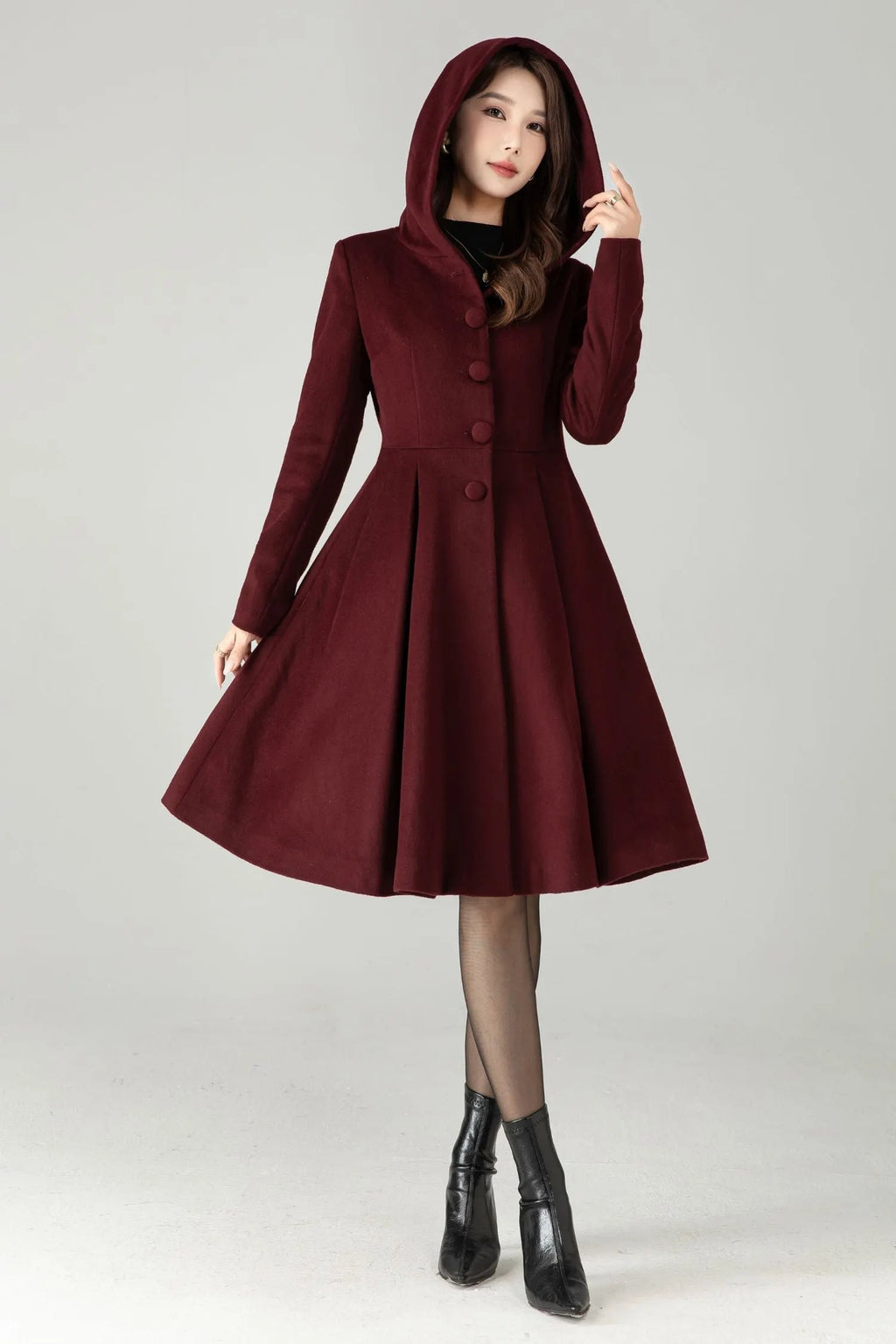 Hooded Burgundy Wool Coat – Vintage Fit & Flare Short Winter Coat 