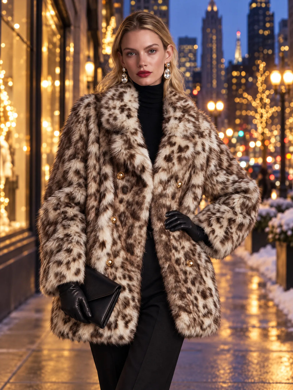 Vintage-Inspired Leopard Faux Fur Double-Breasted Gold Button Statement Coat