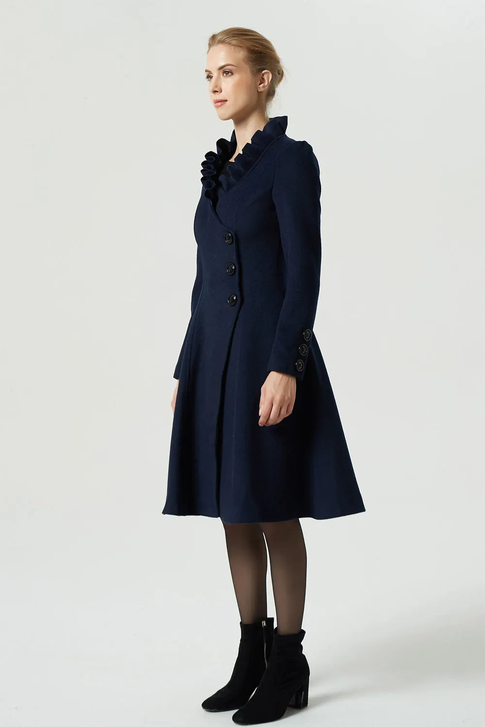 Navy Wool Coat - Handmade Tailored Fit with Ruffle Collar 1974