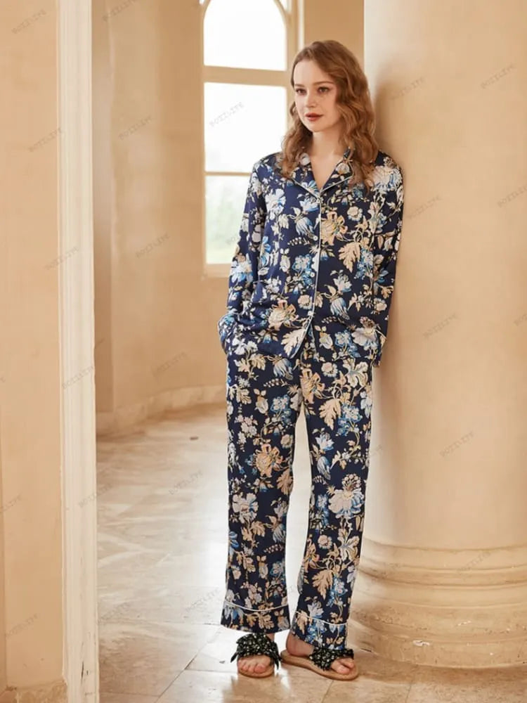 Begonia Flower Print Long-Sleeve Pajama Loungewear Set
