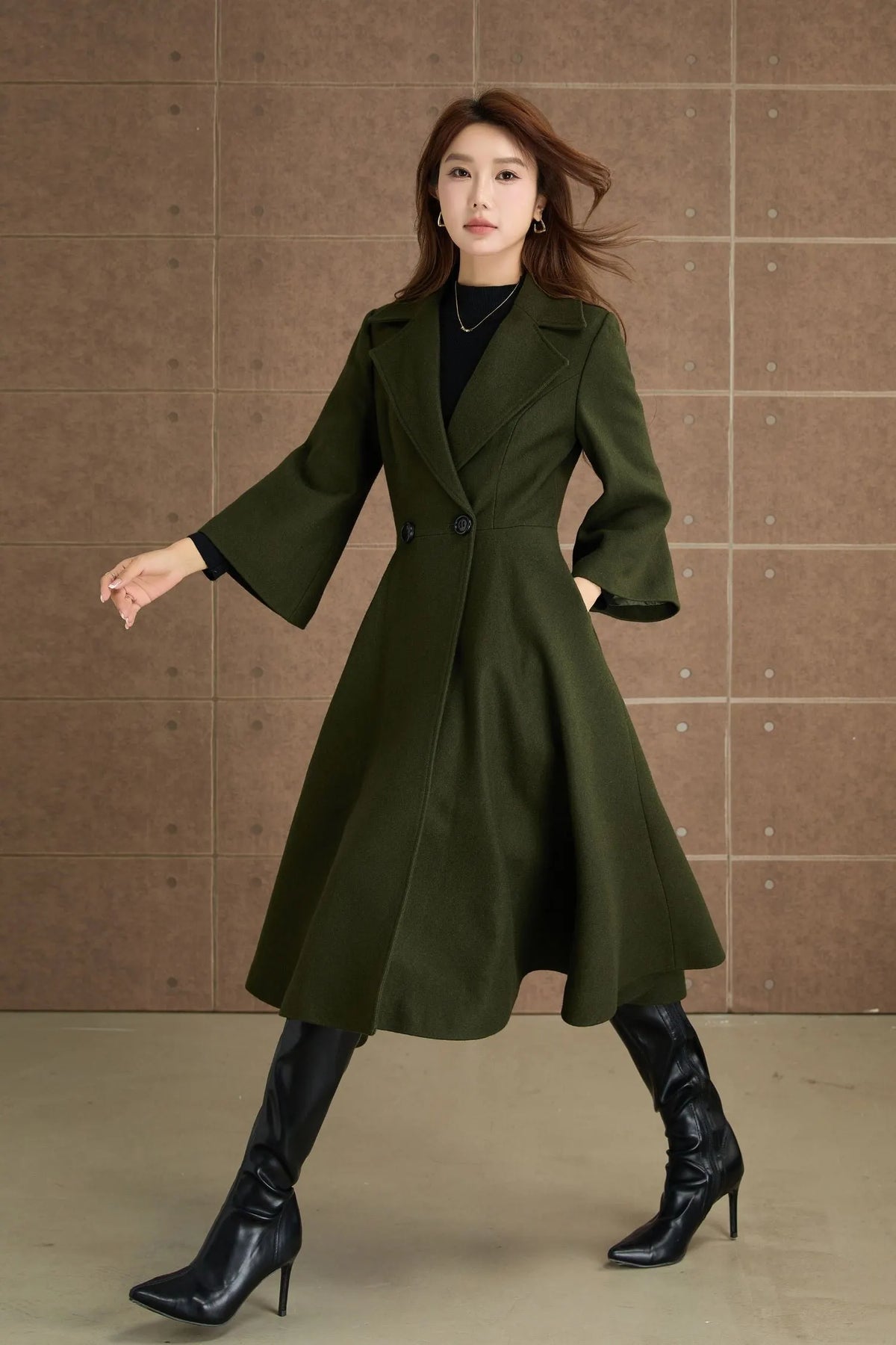 Green Wool Princess Coat - Fit and Flare, 3/4 Sleeves 5364