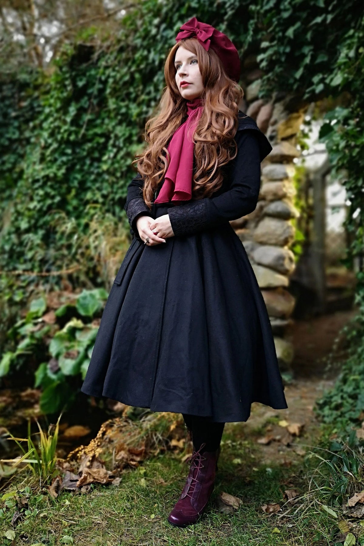Black Wool Blend Swing Coat - Hooded Lace Trim 