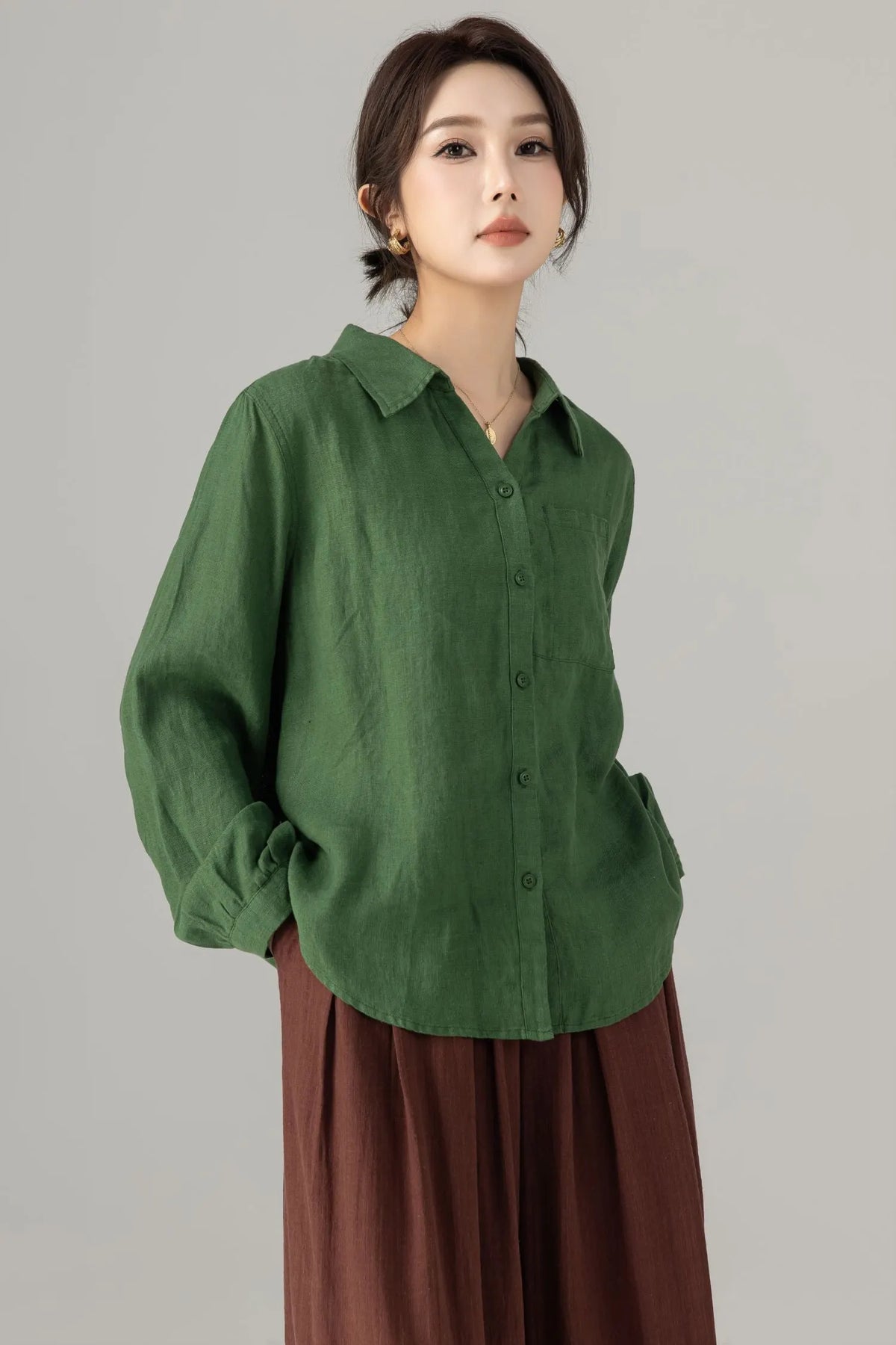 Green Linen Blouse - Loose Fit Vintage Collar Long Sleeve 