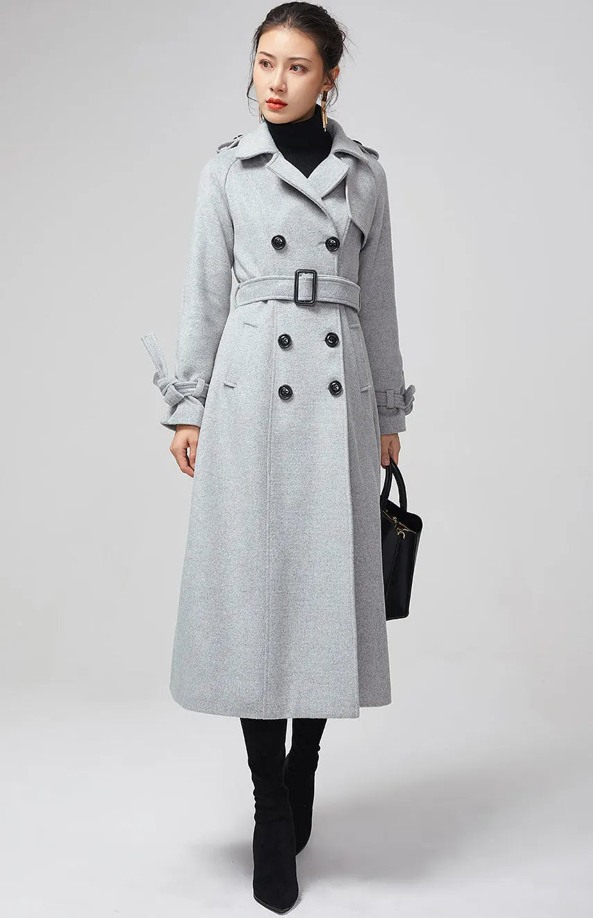 Handmade Gray Wool Trench Coat – Double Breasted Long Winter Overcoat 