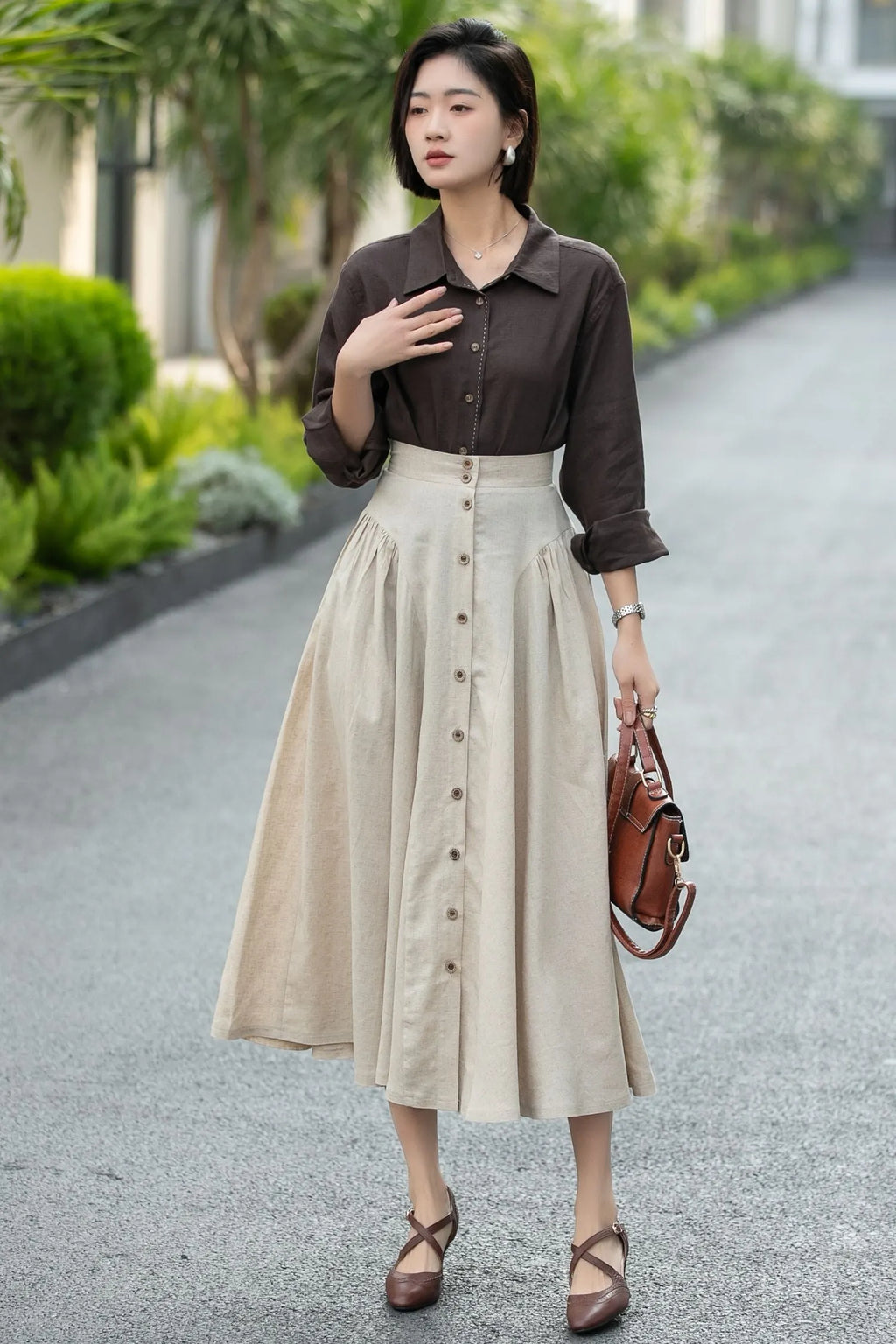 Beige Linen Midi Skirt – High Waist A-Line Button Front Skirt 6666 -Size xs #CK2600002