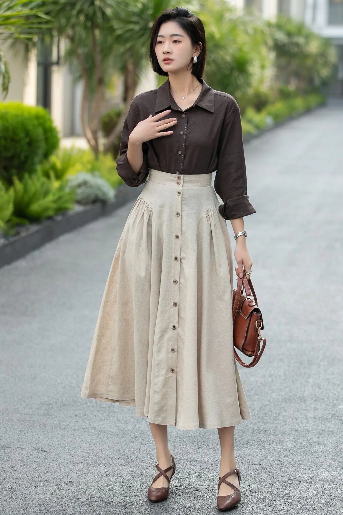 Beige Linen Midi Skirt – High Waist A-Line Button Front Skirt 6666 -Size xs #CK2600002