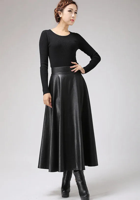 Handmade Black Faux Leather Midi Skirt – Vegan PU A-Line Skirt 