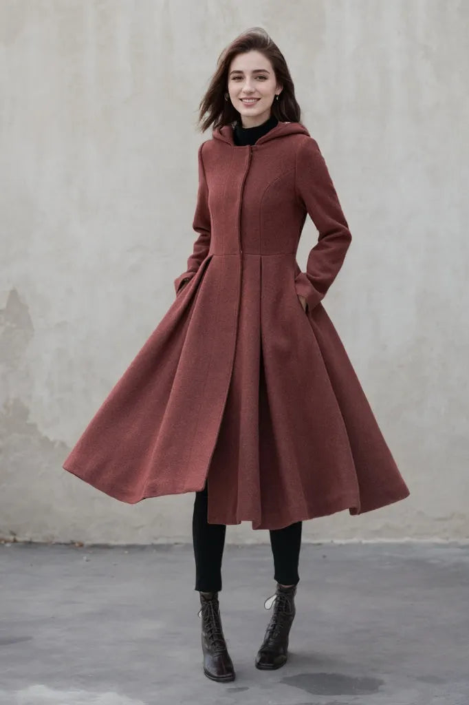 Rust Wool A Line Winter Coat - Hooded Swing Silhouette 5347