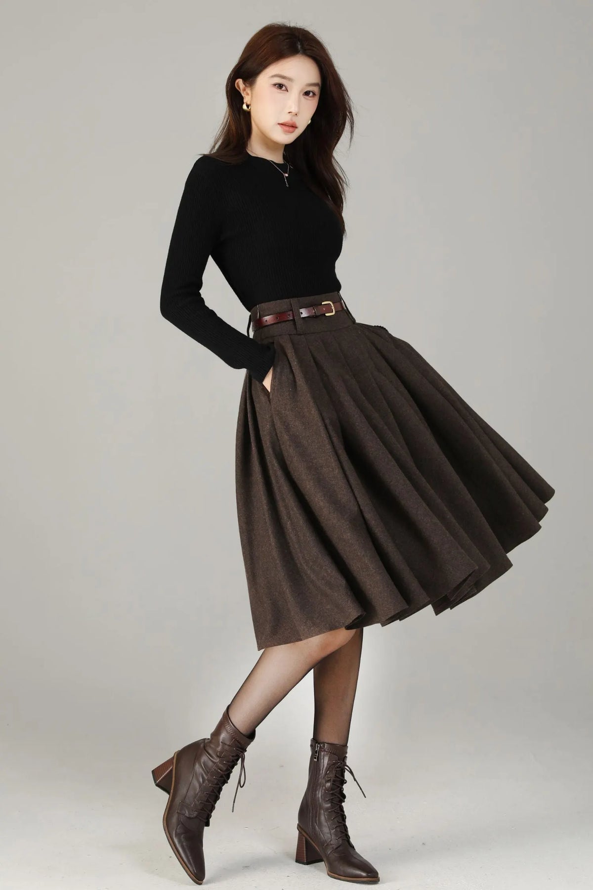 Vintage Wool Blend Circle Skirt – Handmade Knee Length Winter Skirt with Pockets 