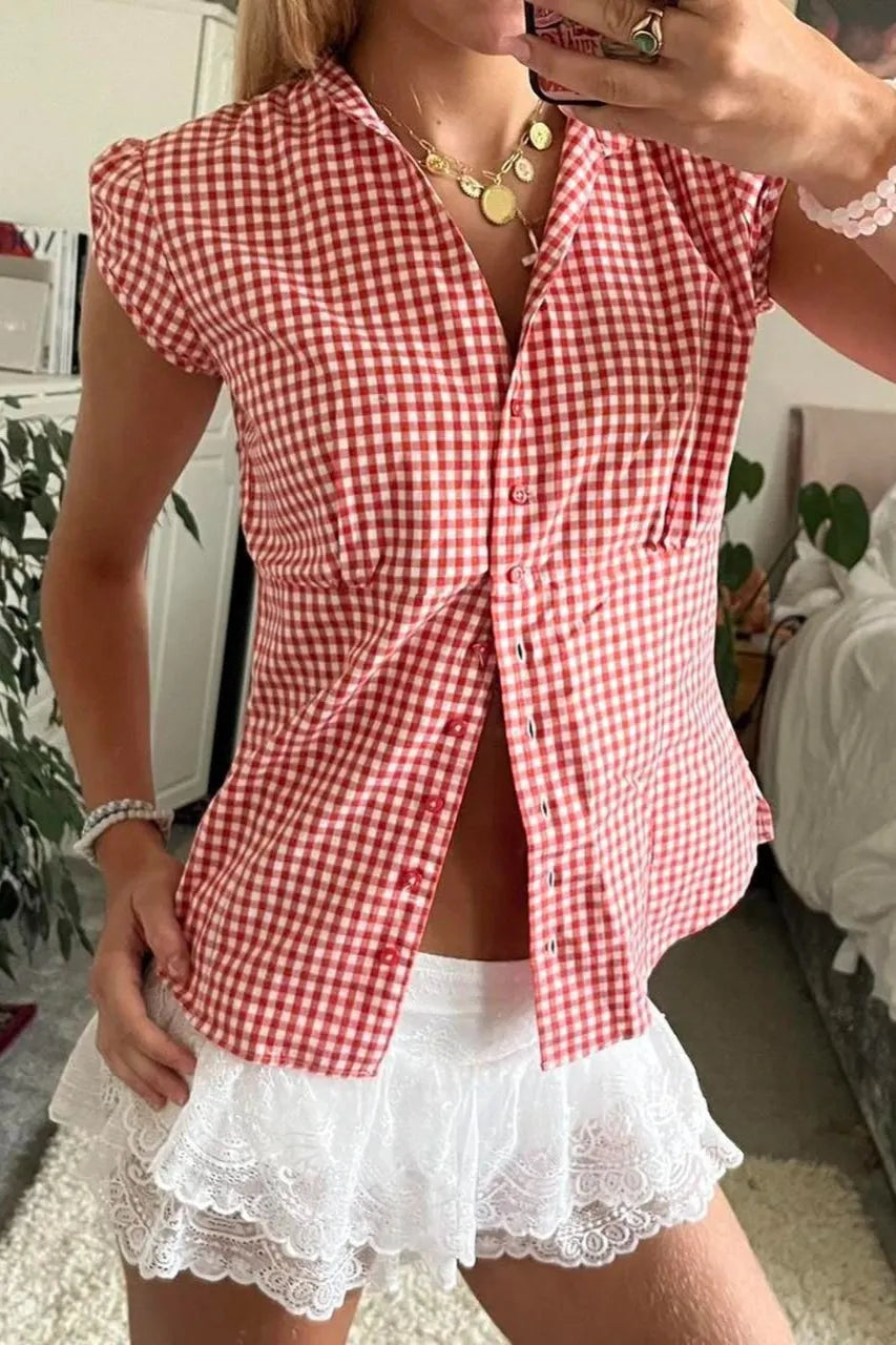 Versatile Red White Plaid Blouse