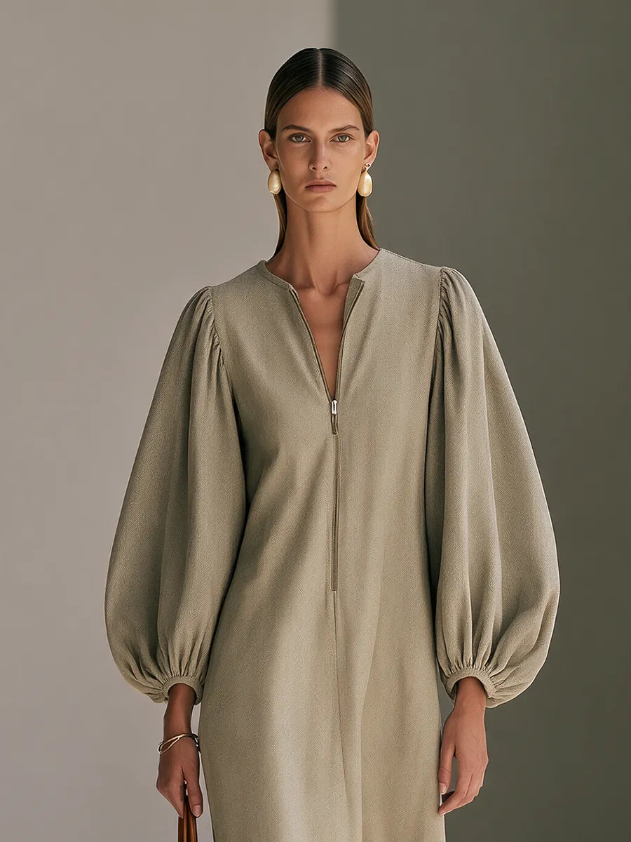 Women's Round-Neck Half-Zip Balloon-Sleeve Ruffle-Hem Maxi Dress MDZ0279I1CMX