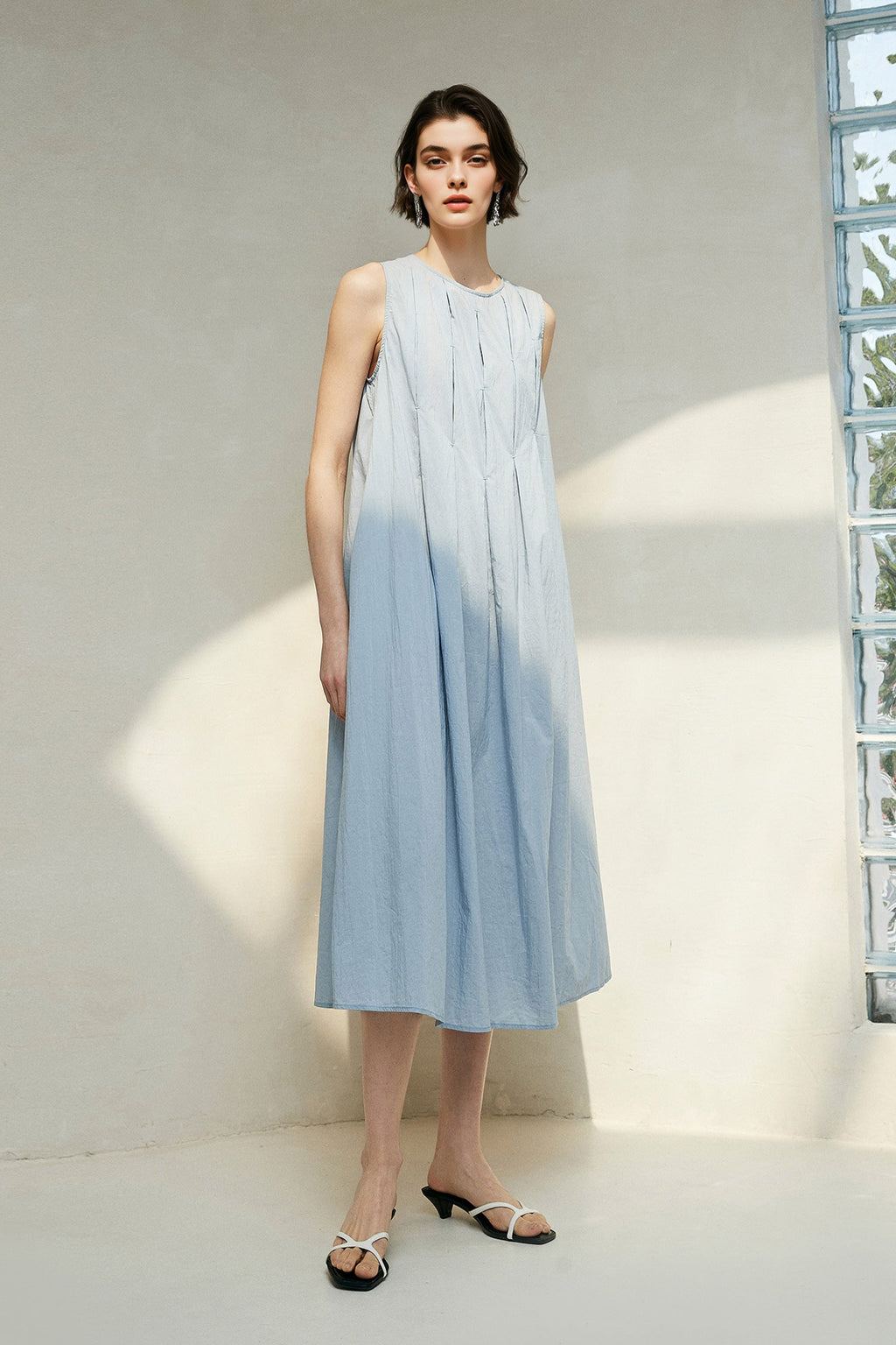 Causal Summer Pleat Textured Light Pink Midi Tank Dress