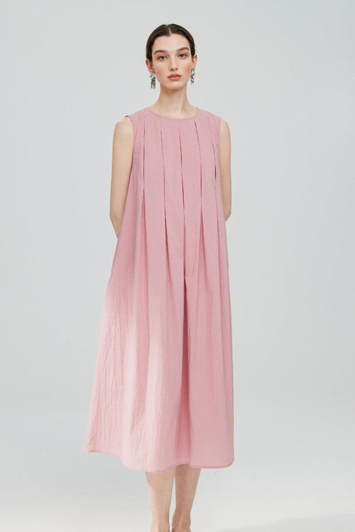 Causal Summer Pleat Textured Light Pink Midi Tank Dress