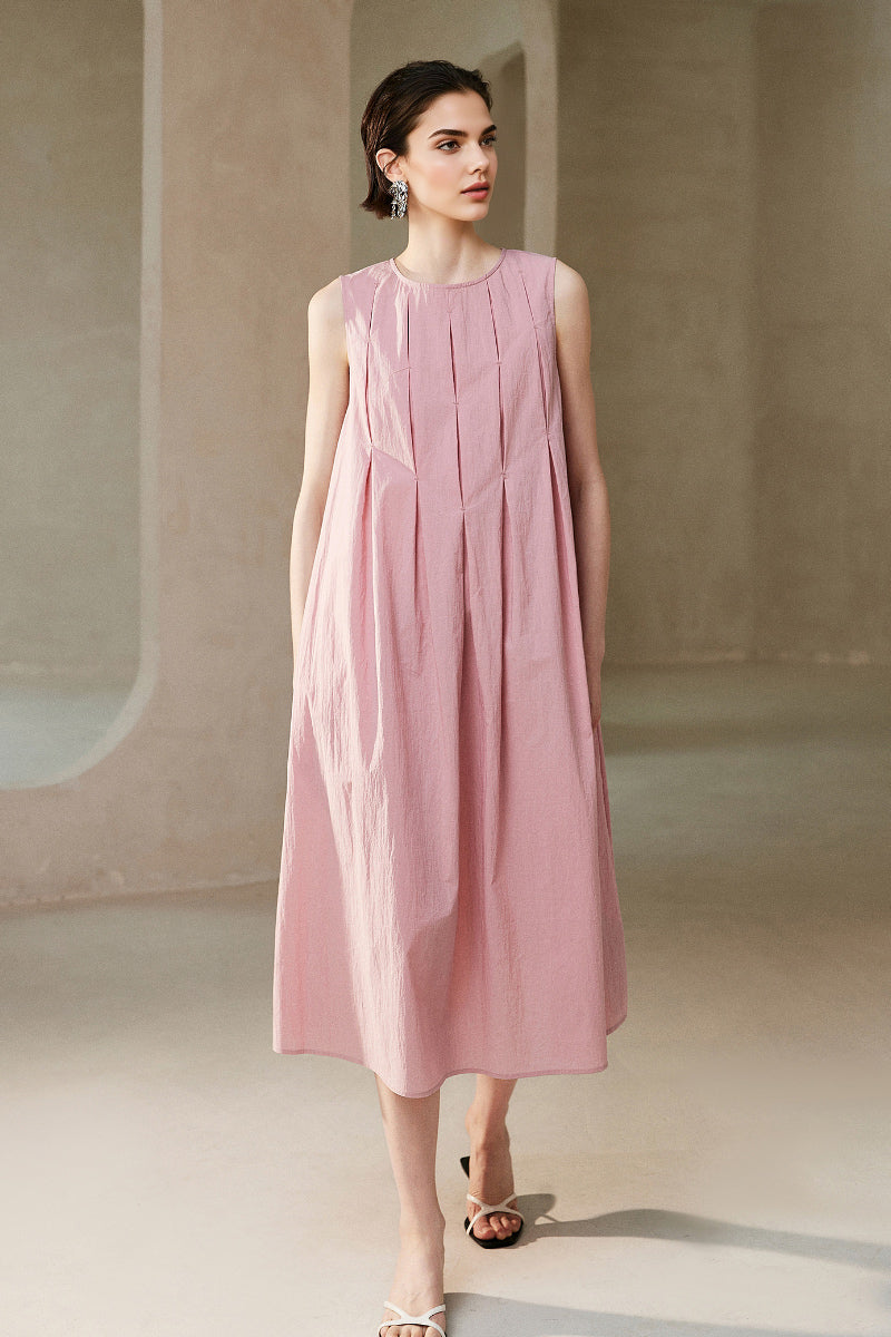 Causal Summer Pleat Textured Light Pink Midi Tank Dress