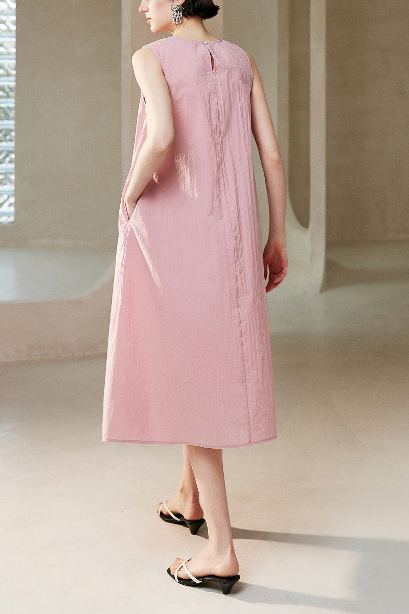 Causal Summer Pleat Textured Light Pink Midi Tank Dress