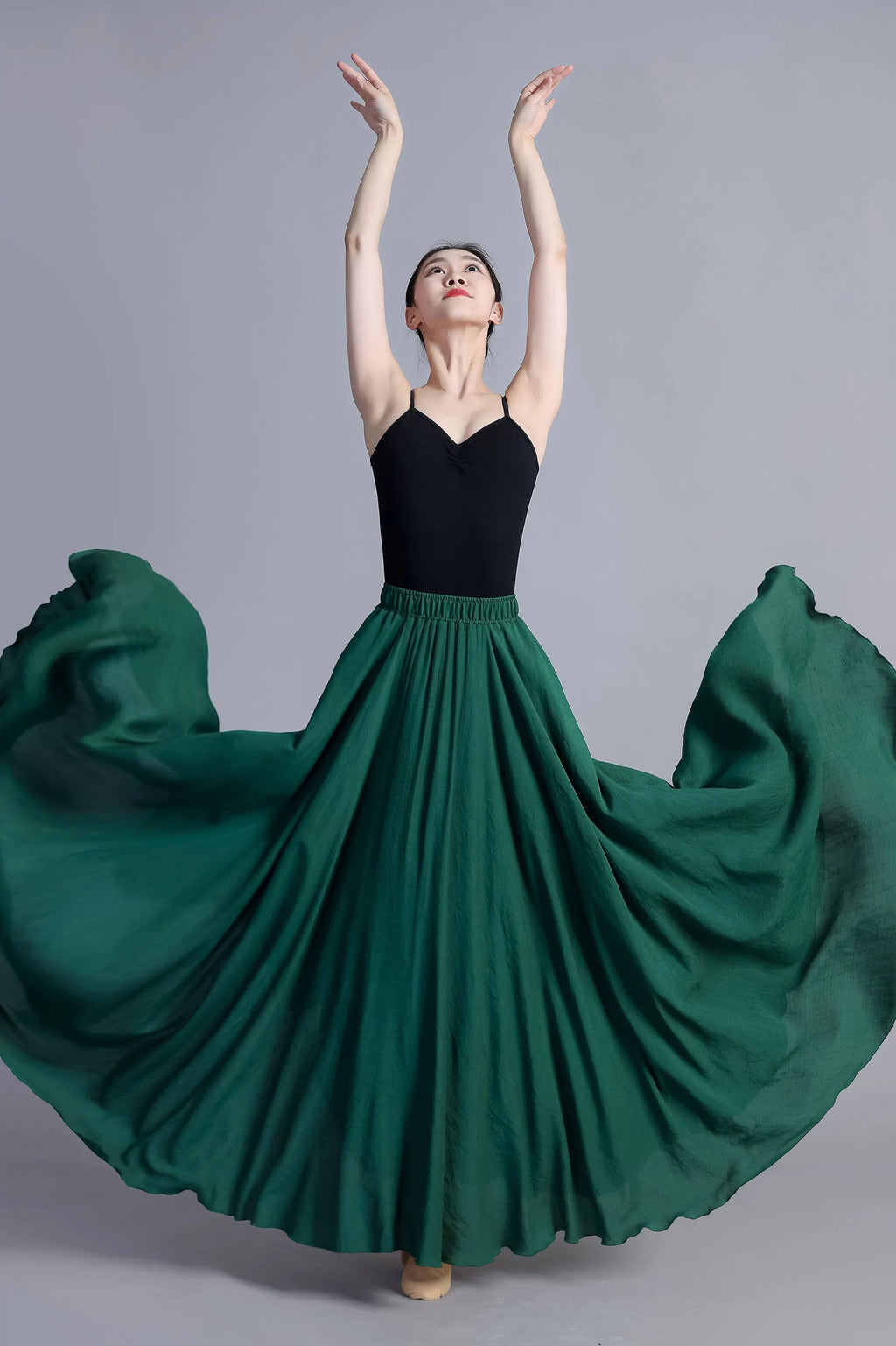 Green Linen Cotton Maxi Circle Skirt - Elastic Waist Boho 