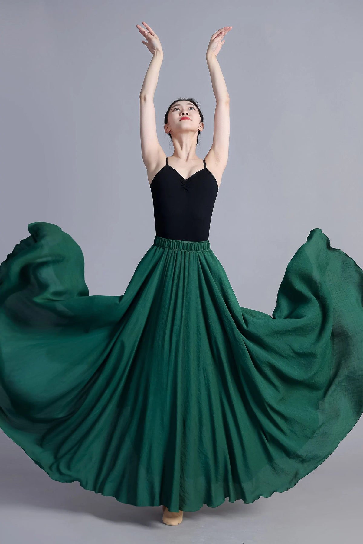 Green Linen Cotton Maxi Circle Skirt - Elastic Waist Boho 