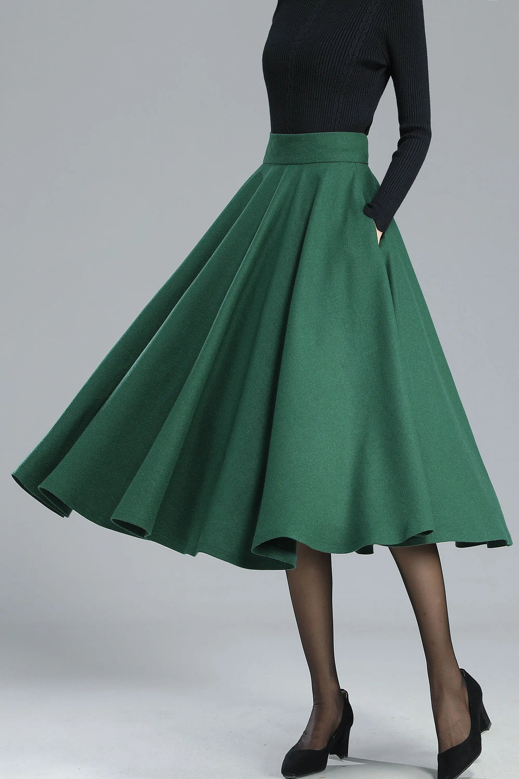 Green Wool Full Circle Skirt - Pleated High Waist Winter Essential 3248