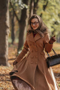 Camel Wool Coat - Double Breasted Fit and Flare Midi Coat 3261