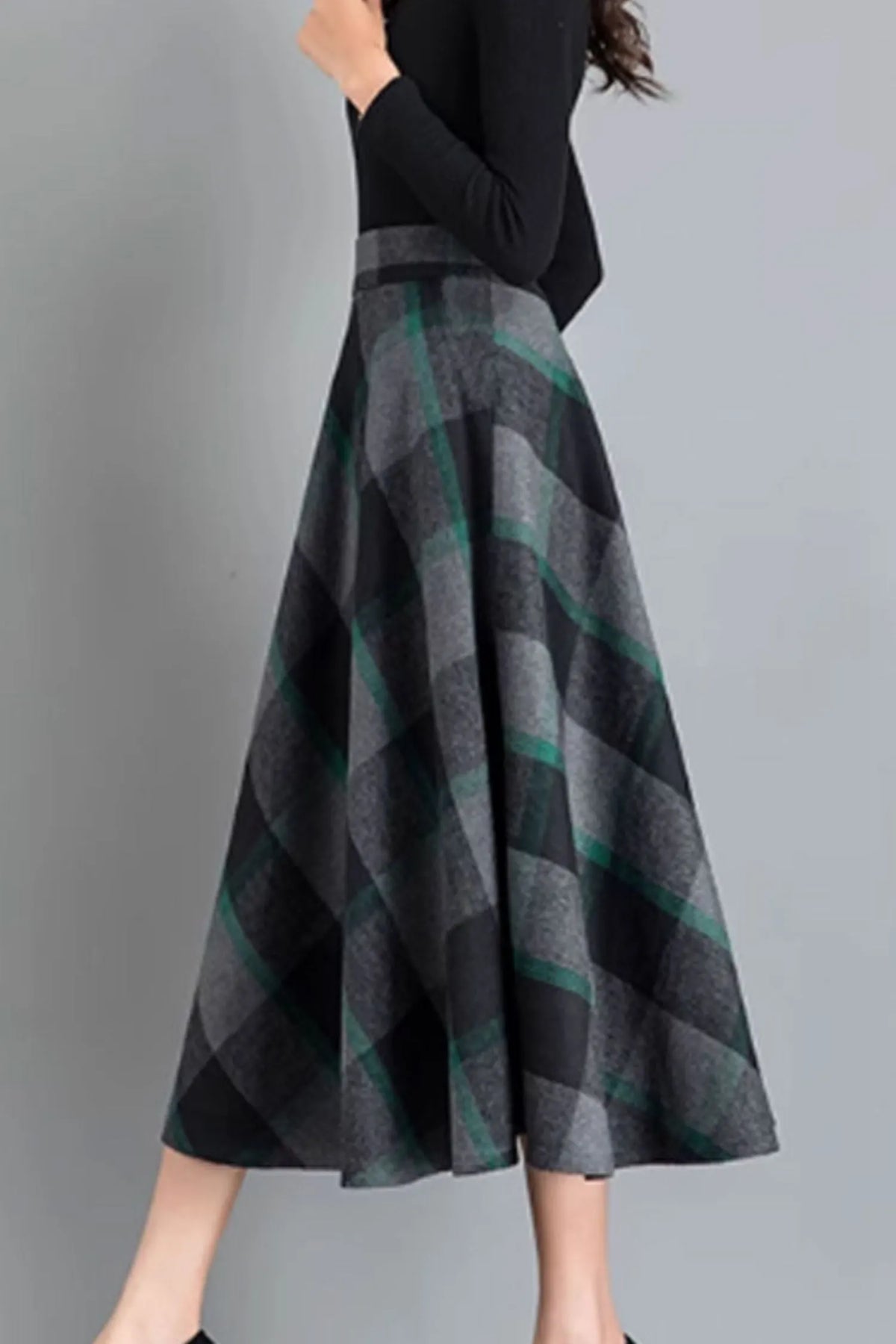 Plaid Wool Midi Skirt - A-Line Silhouette with Back Elastic Waist 4641-5