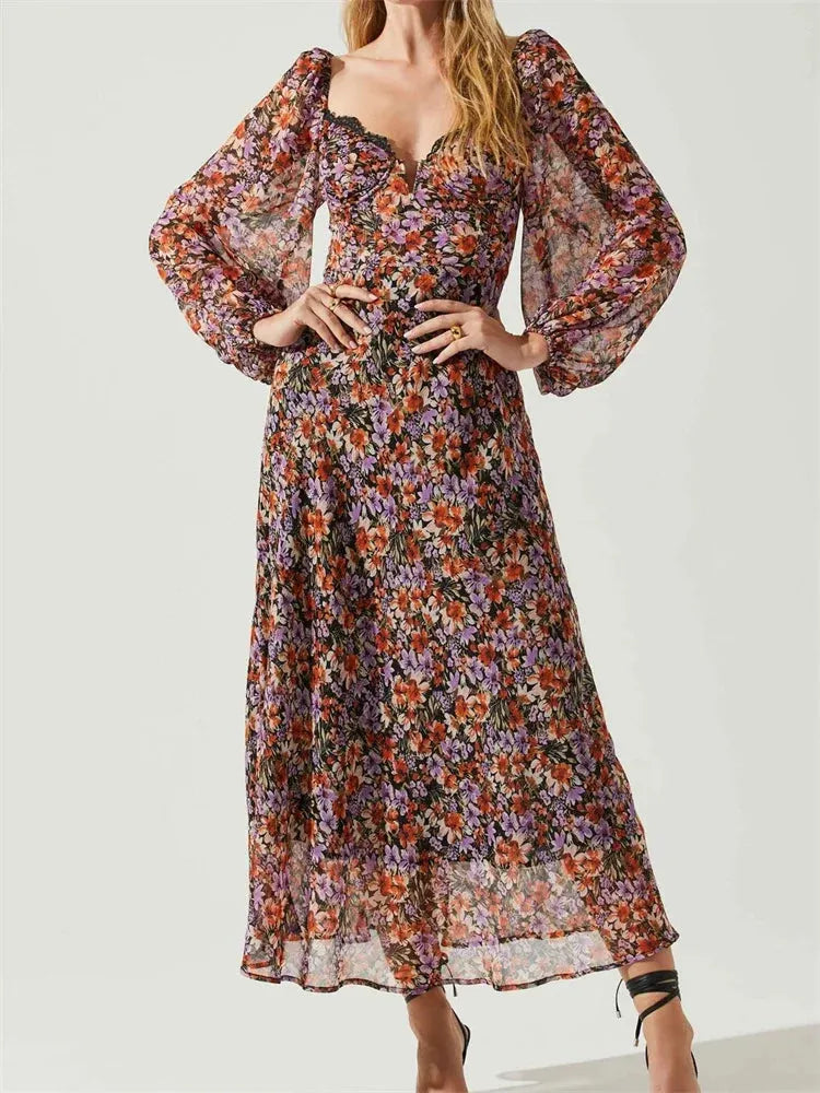Women Spring Fall Vintage Floral Print V-neck Puff Sleeve Fashion Backless Holiday Vestido