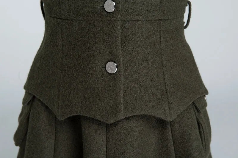 Army Green Wool Winter Coat - Relaxed Fit Button-Down Jacket 1628