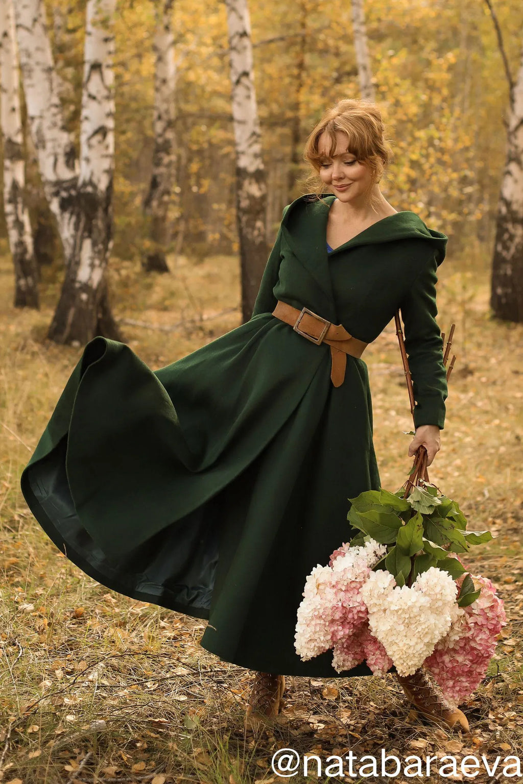 Green Wool Blend Hooded Coat - Belted Oversize Flare 
