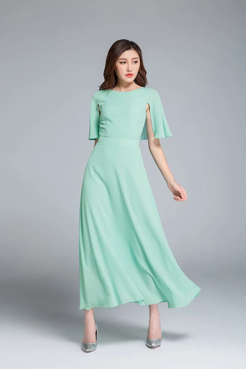 Emerald Green Chiffon Dress - Fitted Waist A-Line with Cape 1768