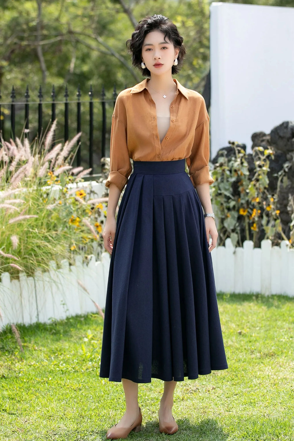 Deep Navy Linen Cotton Midi Skirt High Waist 