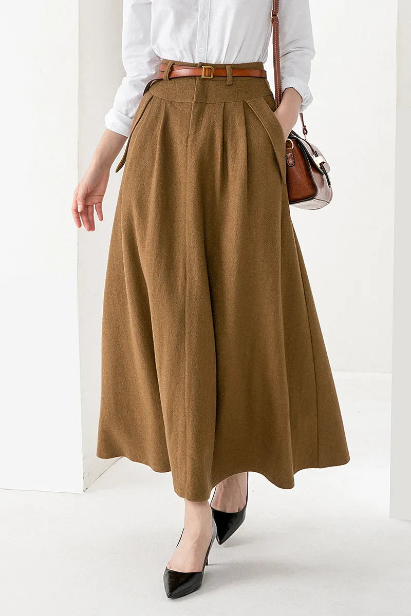 Camel Wool Maxi Skirt – Vintage A-Line Long Winter Skirt with Pockets 3828